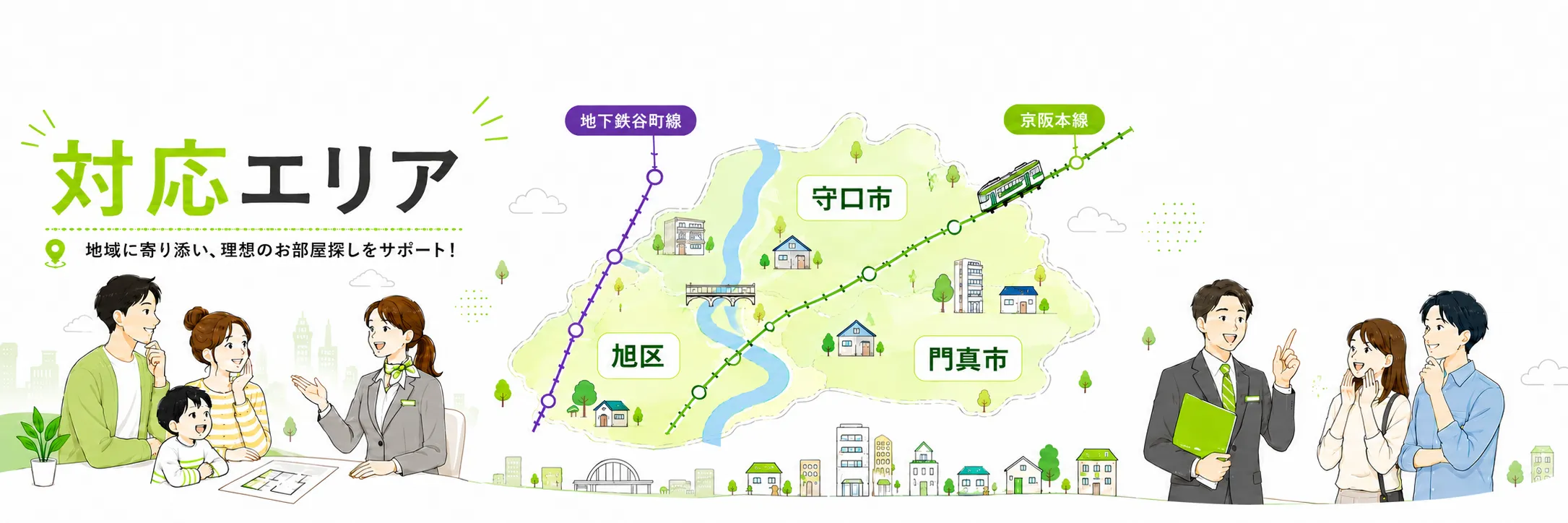 対応エリアマップ。守口市・旭区・門真市を中心に、大阪メトロ・京阪本線沿線をサポート